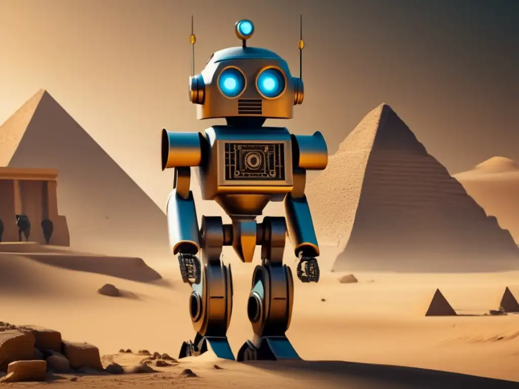 Una fotografía detallada de un robot explorador en las ruinas egipcias, fusionando pasado y futuro