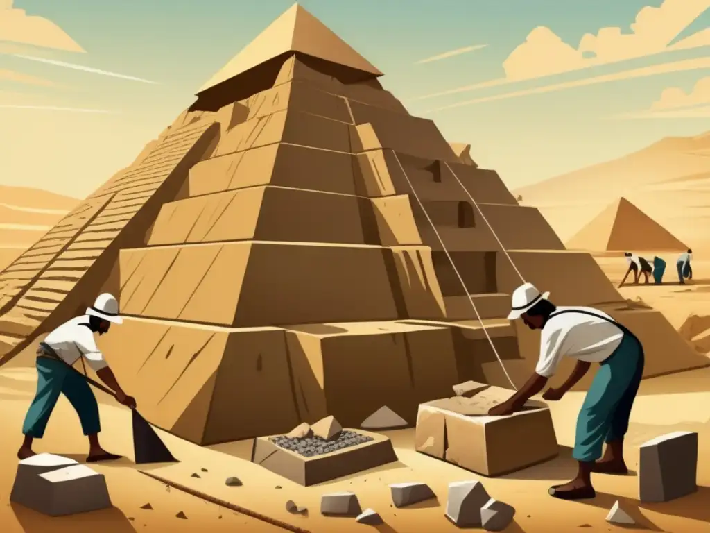 Una detallada ilustración vintage muestra las técnicas de construcción utilizadas en las pirámides de Egipto