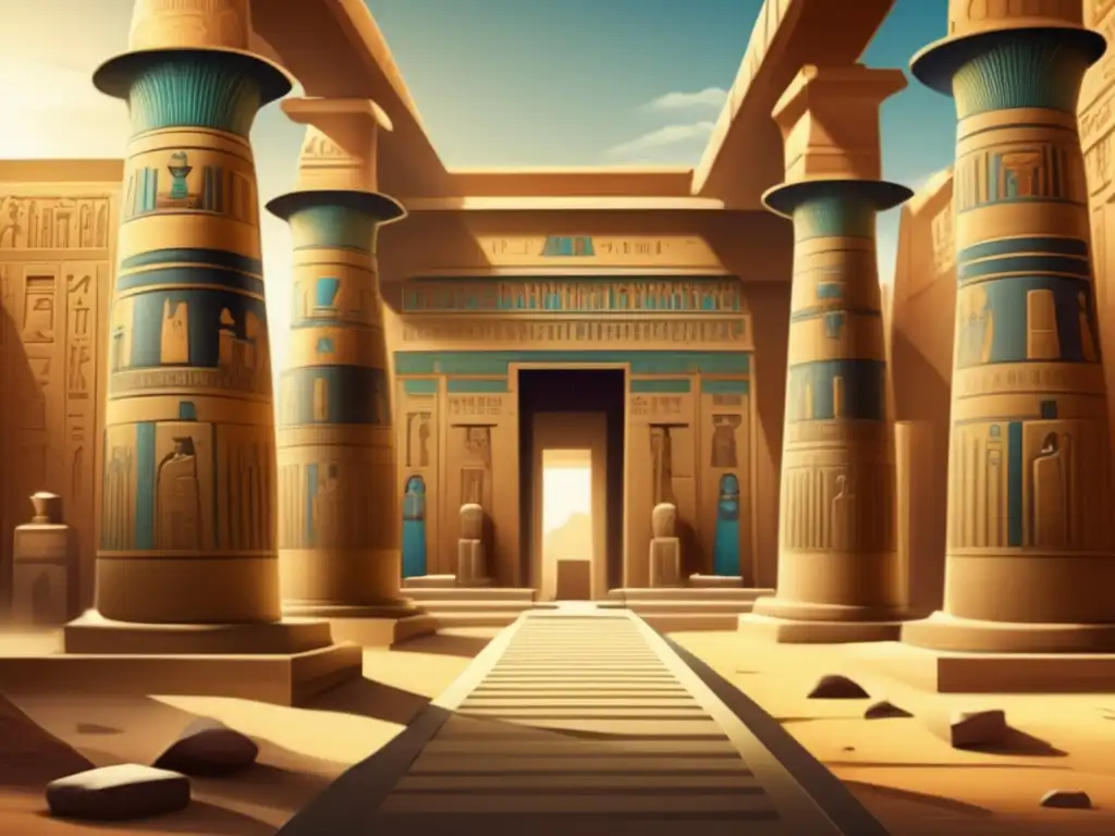 Una ilustración vintage detallada de un templo egipcio antiguo que muestra el simbolismo y arte en el mobiliario real de Egipto