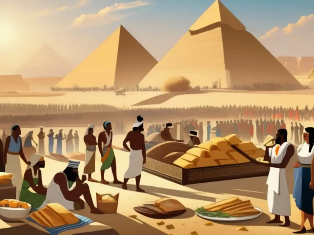 Una ilustración vintage detallada y vívida muestra la vida en el antiguo Egipto, donde los obreros construyen las pirámides