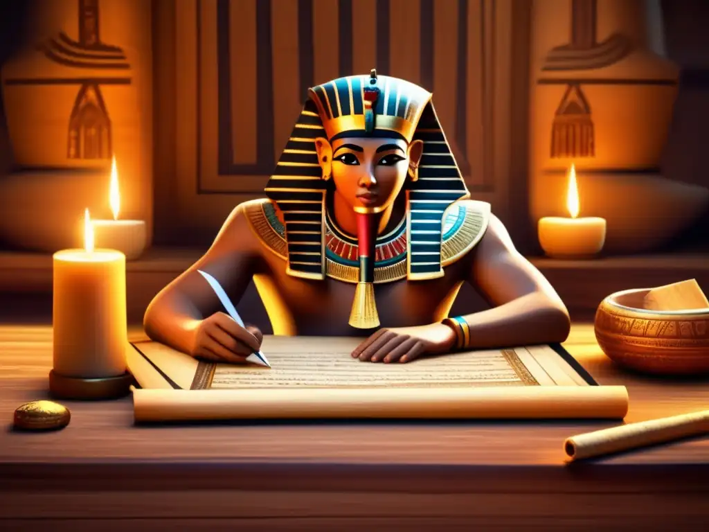 Un detallado dibujo de un escriba egipcio antiguo sentado en un escritorio de madera, rodeado de rollos de papiro y herramientas de escritura
