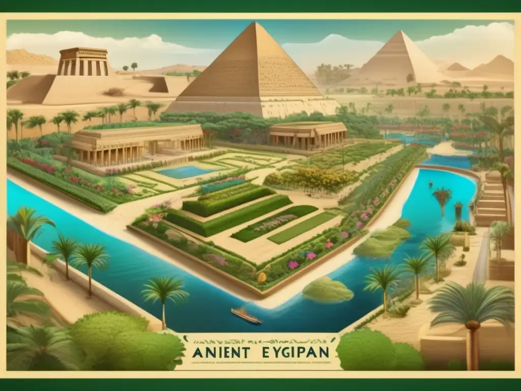 Un detallado mapa antiguo de paisajes y jardines en Egipto, con ilustraciones de exuberantes vegetaciones y caminos sinuosos