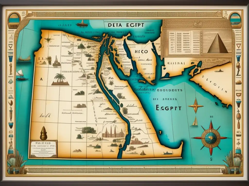 Un detallado mapa vintage de Egipto antiguo, con ilustraciones intrincadas del Delta del Nilo y regiones cercanas