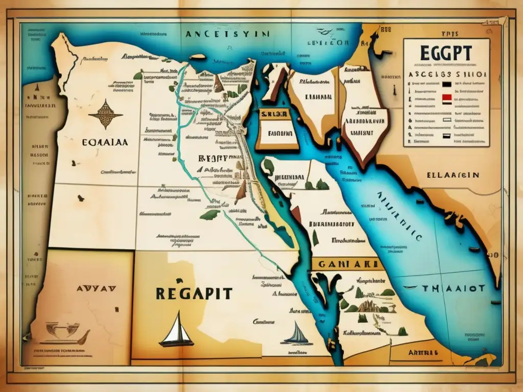 Un detallado mapa vintage de Egipto antiguo muestra las regiones y territorios durante el Periodo Predinástico