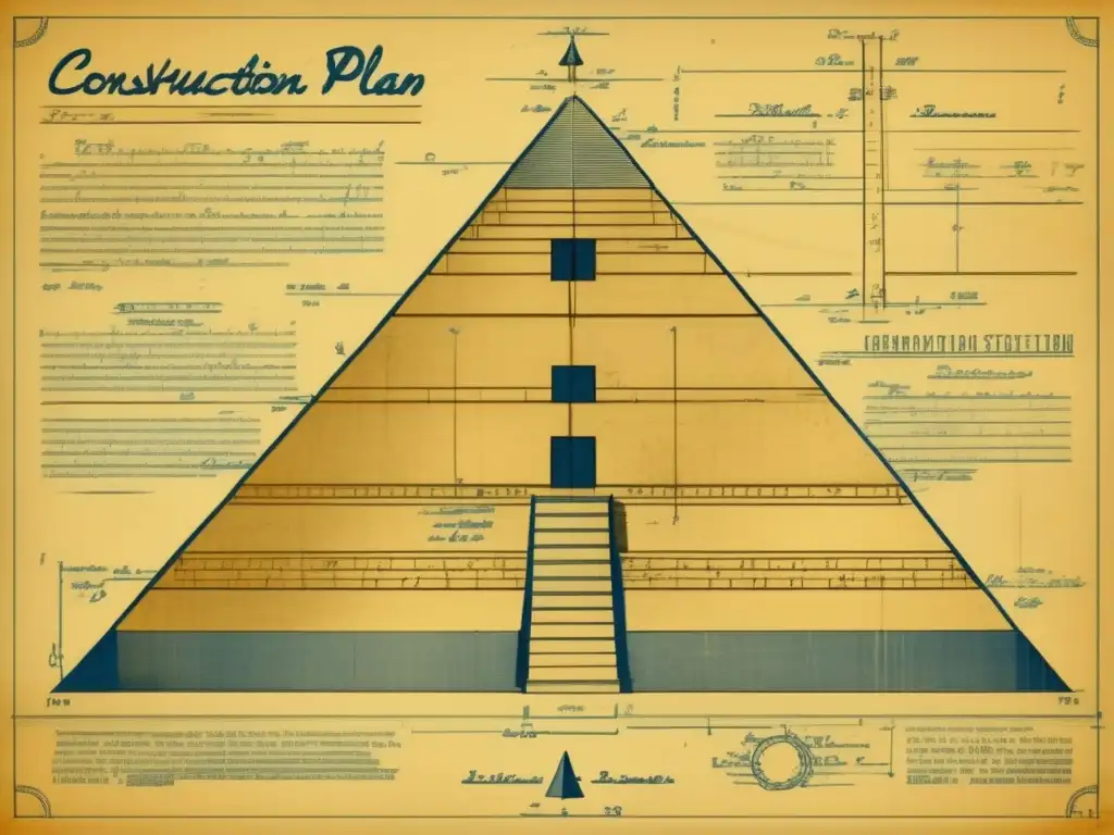 Un detallado plano vintage de la construcción de una pirámide, con anotaciones arquitectónicas y detalles intrincados