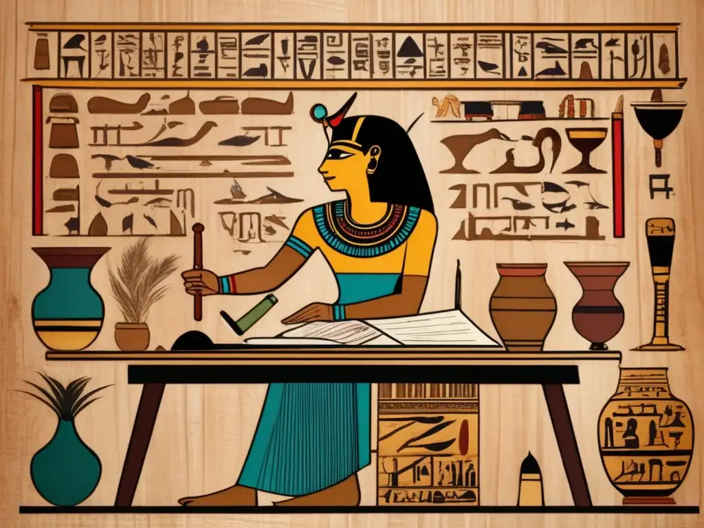 Un detallado retrato de un antiguo escriba egipcio, rodeado de materiales de escritura egipcia en un escritorio de madera