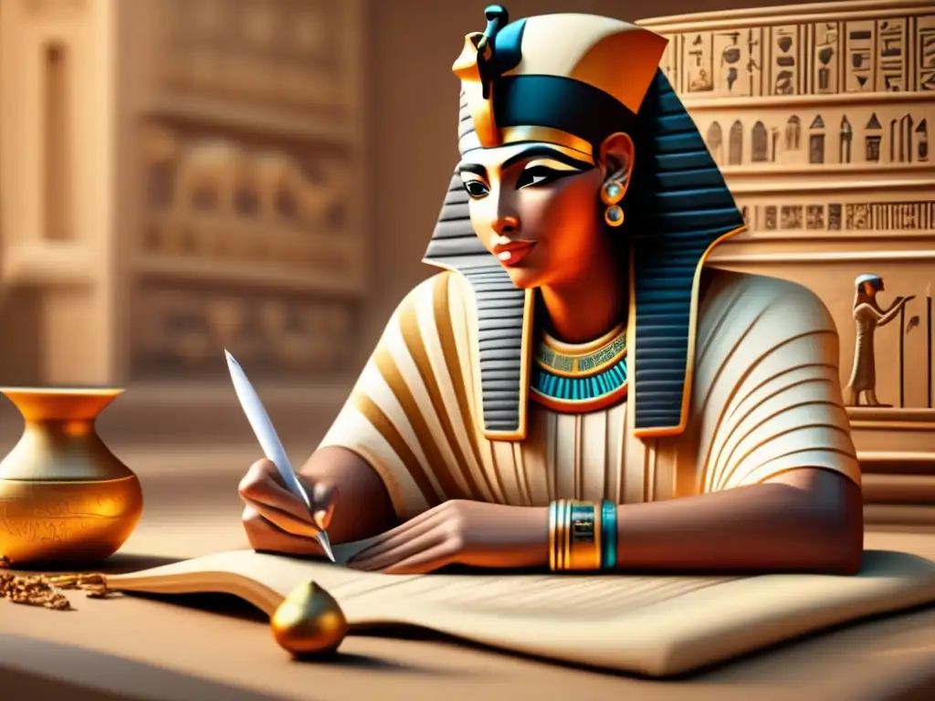 Un detallado retrato en 8k de un antiguo escriba egipcio sentado en un escritorio rodeado de rollos de papiro