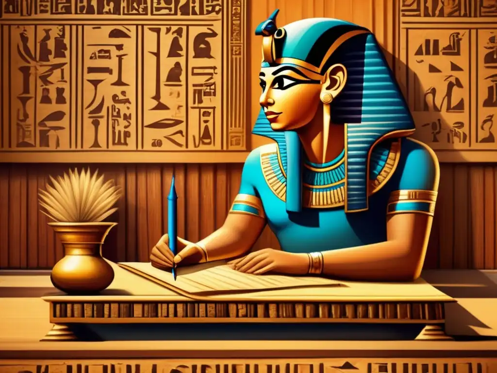 Un detallado retrato de un escriba egipcio antiguo en un templo iluminado, transcribiendo meticulosamente jeroglíficos