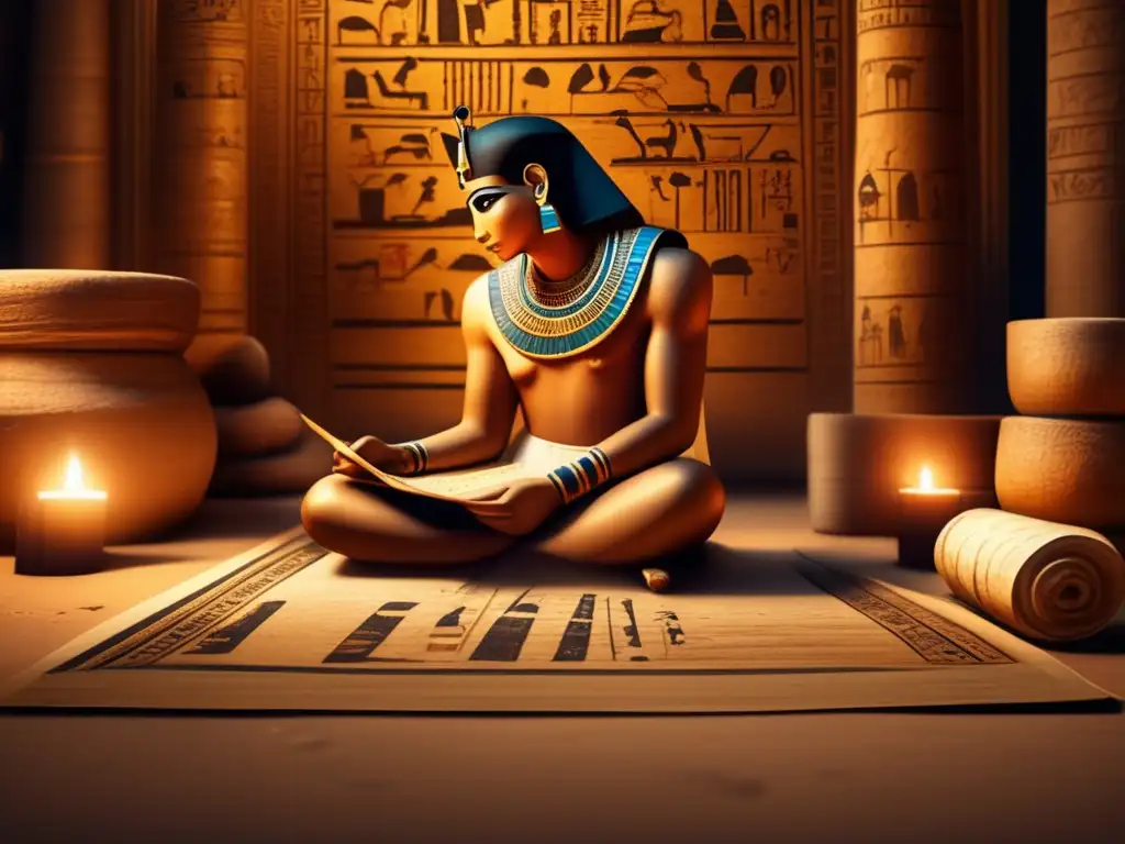 Un detallado scribe egipcio antiguo, rodeado de rollos y papiros, transcribe tradiciones orales en un pergamino iluminado por antorchas