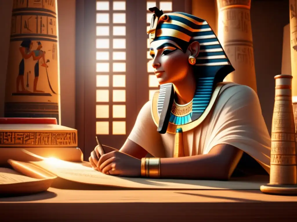 Un detallado scribe egipcio en su escritorio, rodeado de rollos de papiro y utensilios de escritura