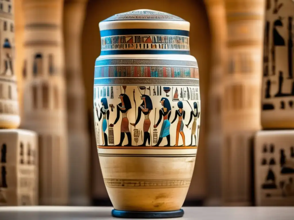 Un detallado Vasos Canopos de Qebehsenuef de Egipto antiguo, hecho de alabastro, adornado con deidades egipcias talladas