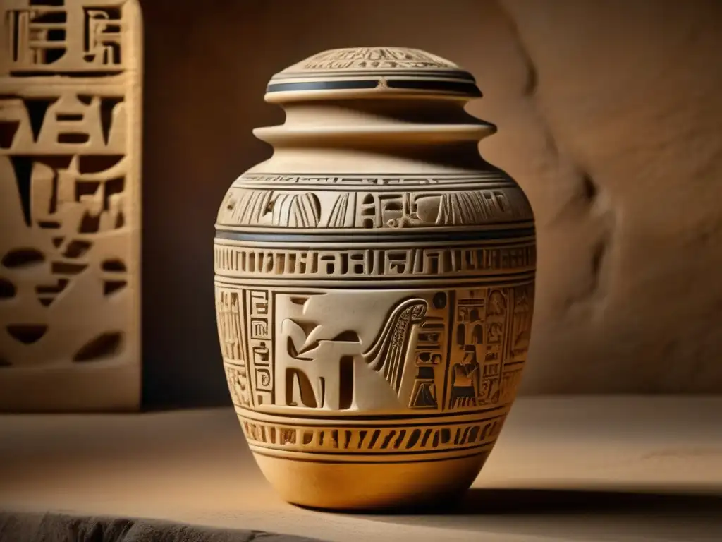 Un detallado Vasos Canopos de Qebehsenuef en alabastro, con jeroglíficos y símbolos antiguos, se destaca contra un fondo de piedra desgastada