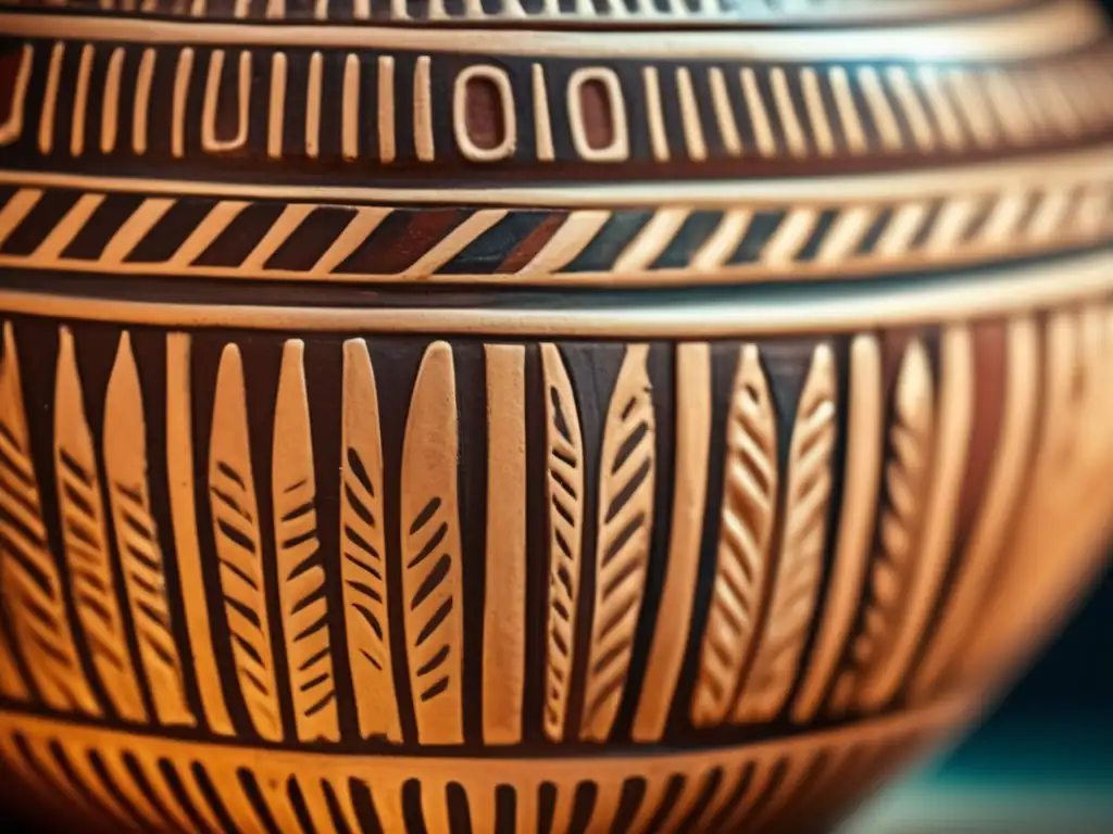 Detalle de antigua vasija egipcia de alfarería, con intrincados patrones y símbolos pintados a mano