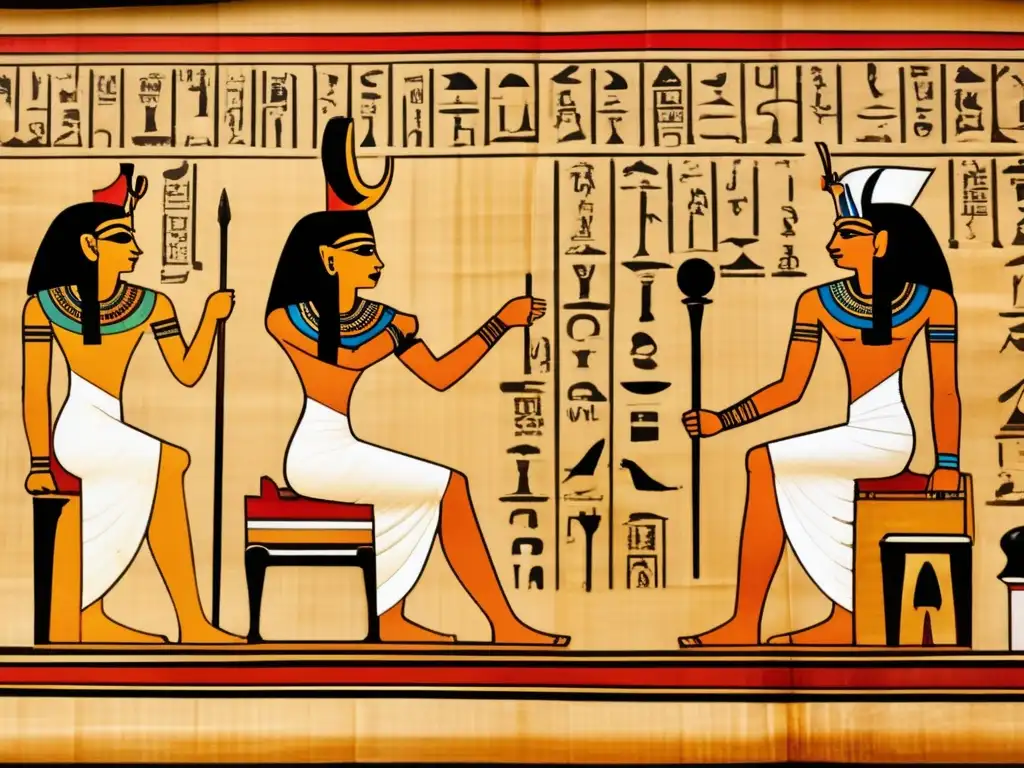 Detalle del antiguo papiro egipcio revelando el sistema legal con jeroglíficos y una escena de un tribunal en Egipto