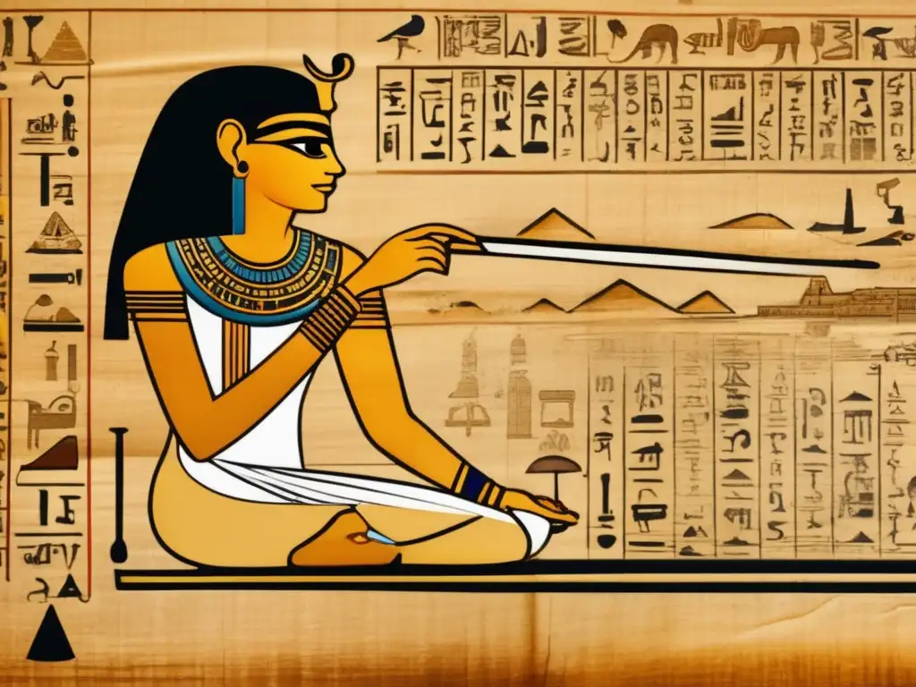 Detalle de un antiguo papiro egipcio con jeroglíficos y símbolos matemáticos, resaltando la importancia de las matemáticas egipcias en hidrología