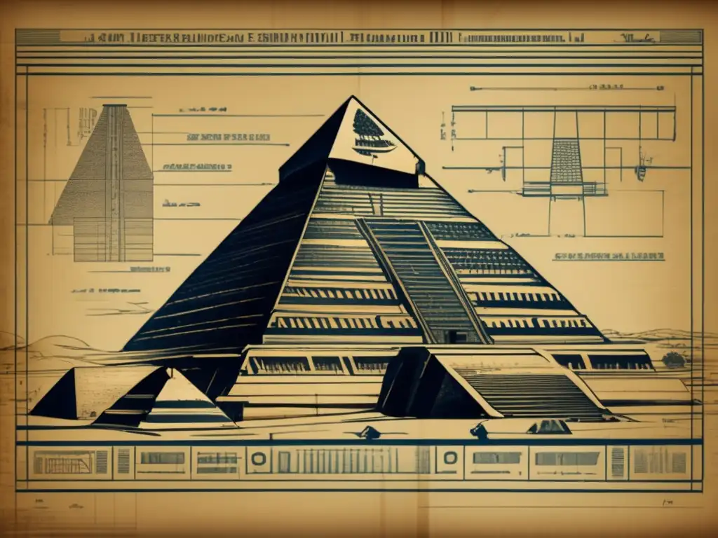 Detalle 8k de un antiguo plano arquitectónico egipcio, revelando técnicas de construcción de pirámides con misterio y precisión geométrica