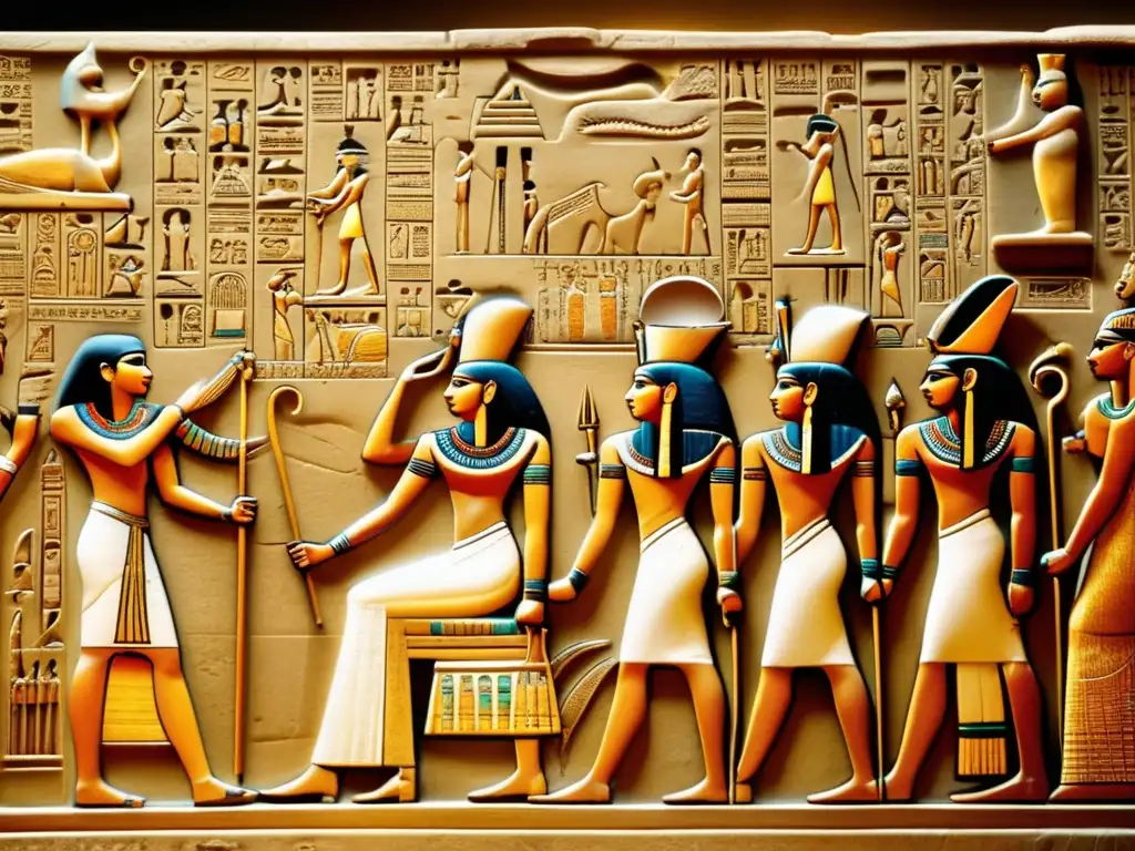 Detalle de un bajorrelieve egipcio antiguo que muestra la travesía del faraón hacia la vida después de la muerte