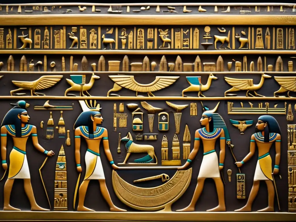 Detalle de sarcófago egipcio del Periodo Tardío: tallados meticulosos y misteriosas inscripciones, en madera envejecida con toques dorados