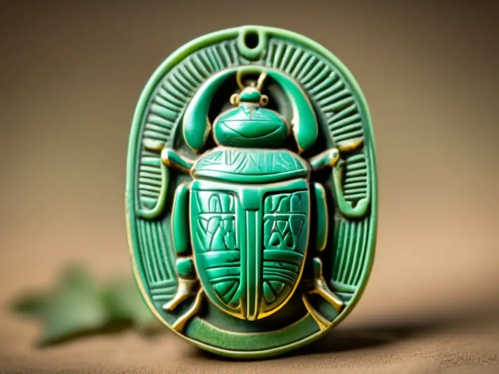 Detalle excepcional de un antiguo amuleto egipcio de escarabajo sagrado en faianza verde