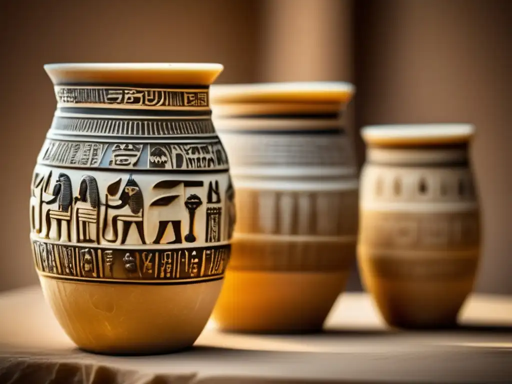 Detalle exquisito de los Vasos Canopos Qebehsenuef de Egipto: alabastro tallado, jeroglíficos y luz cálida evocan la tradición antigua
