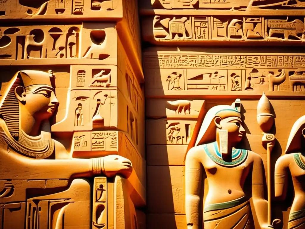Detalle impresionante de las antiguas esculturas y jeroglíficos en el Templo de Karnak, reflejando la belleza y grandeza de la ingeniería religiosa