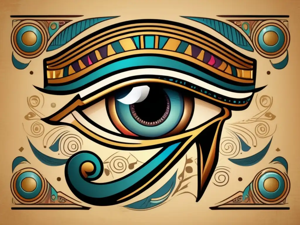 Un detalle intrincado del Ojo de Horus en estilo vintage, con colores vibrantes y tonos sutiles