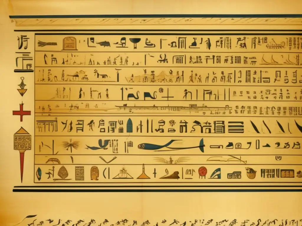 Detalle del Tratado médico papiro Edwin Smith, con hieroglíficos y arte egipcio antiguo