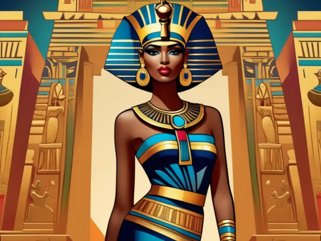 Un detalle ultradetallado muestra una ilustración de moda vintage inspirada en Egipto, con una modelo luciendo un exquisito vestido adornado con patrones de jeroglíficos y colores vibrantes