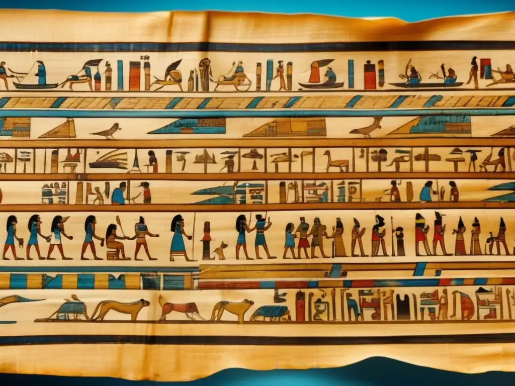 Detalles cautivadores en un antiguo papiro egipcio, revelando escritura jeroglífica intrincada