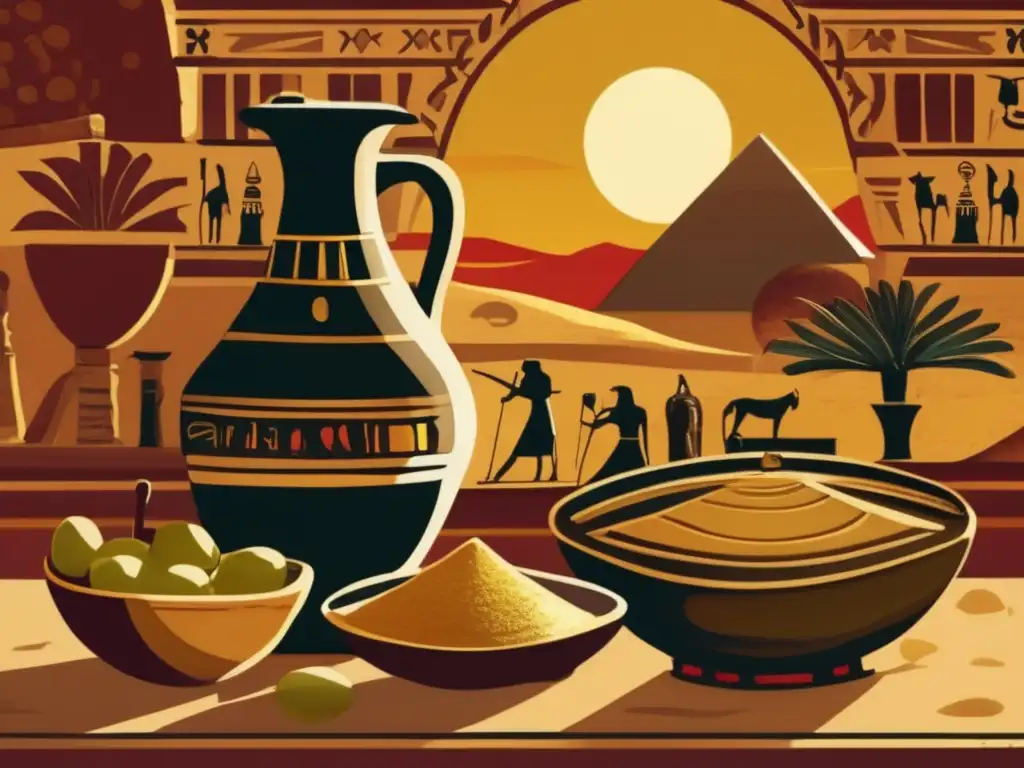 Dieta y rituales con aceite de oliva en el Antiguo Egipto: Una imagen vintage muestra una escena de la cultura egipcia, con un recipiente de piedra lleno de oro líquido y un frasco de arcilla decorado rebosante de vino rojo