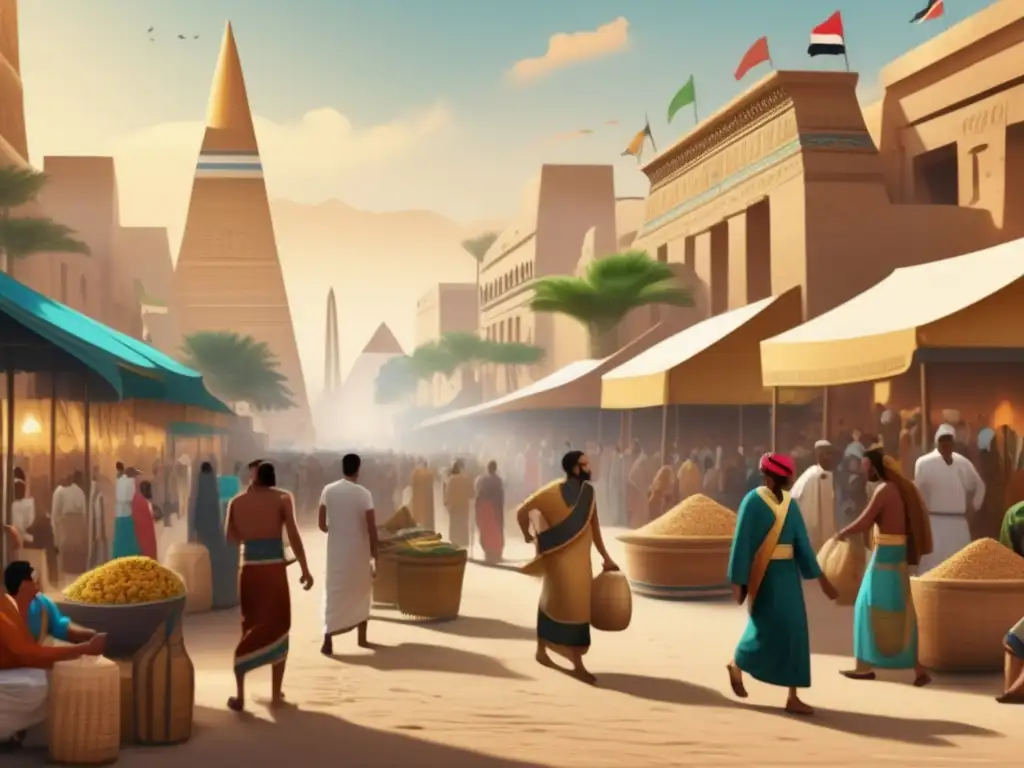 Dinámica social en el Imperio Medio de Egipto: Una ilustración vintage muestra las bulliciosas calles de la antigua ciudad egipcia