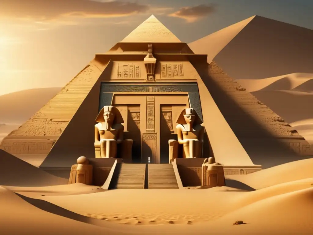 Dinastía IX en la historia de Egipto: Un templo antiguo emerge en el desierto, iluminado por el cálido sol dorado