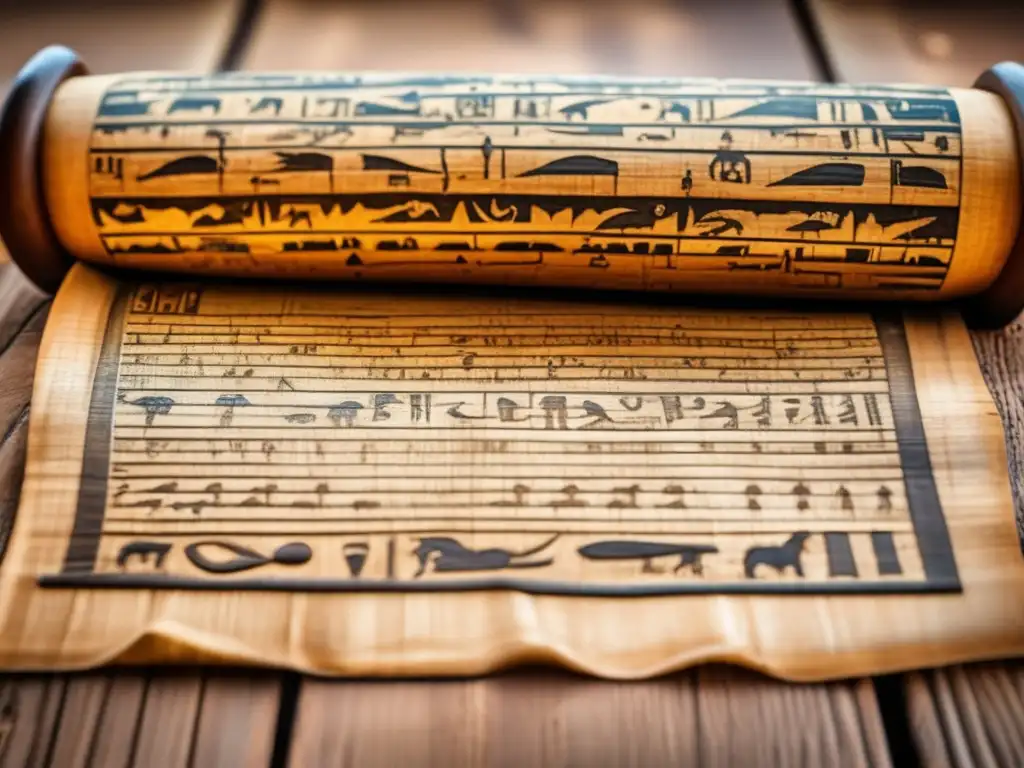 Dinastías egipcias y su escritura: Imagen de un antiguo papiro desplegado en una mesa de madera