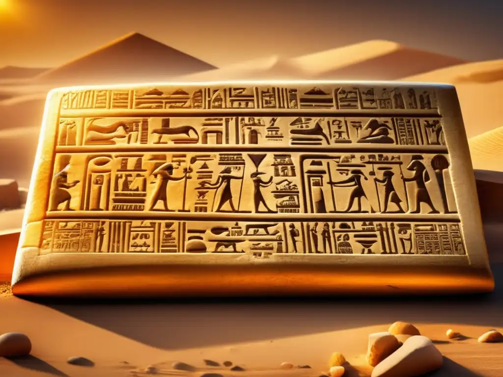 Dinastías egipcias y su escritura: Tableta antigua con jeroglíficos detallados iluminada por una cálida luz dorada, mostrando el poder de los faraones