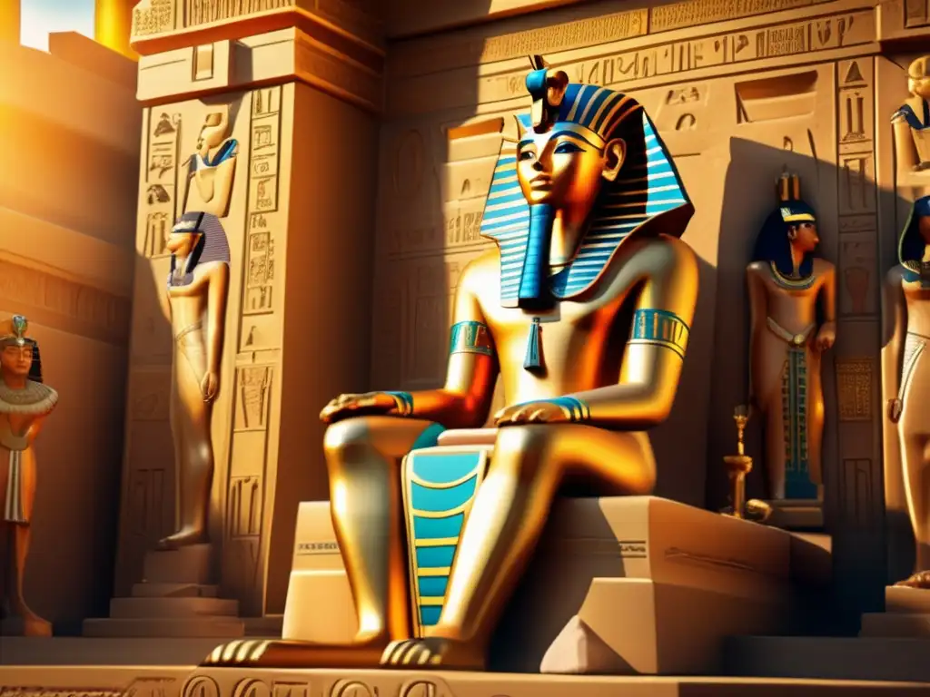 Dinastías del Primer Periodo Intermedio: Un antiguo faraón egipcio se encuentra en un trono dorado rodeado de jeroglíficos y tallados intrincados