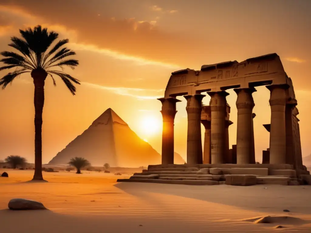 Dinastías del Primer Periodo Intermedio: Una hermosa fotografía vintage envejecida muestra las ruinas de un antiguo templo egipcio, destacándose contra el telón de fondo de un atardecer dorado en el desierto