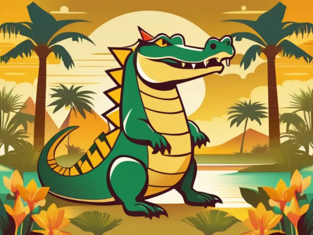 Sobek, dios egipcio del Nilo, en un paisaje exuberante y poderoso Dios Sobek, la fertilidad y protección personificadas en una imagen vintage
