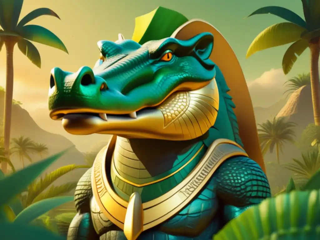 Sobek, el dios cocodrilo, en un paisaje exuberante y detallado Dios Sobek trae fertilidad y protección en una imagen detallada de 8k