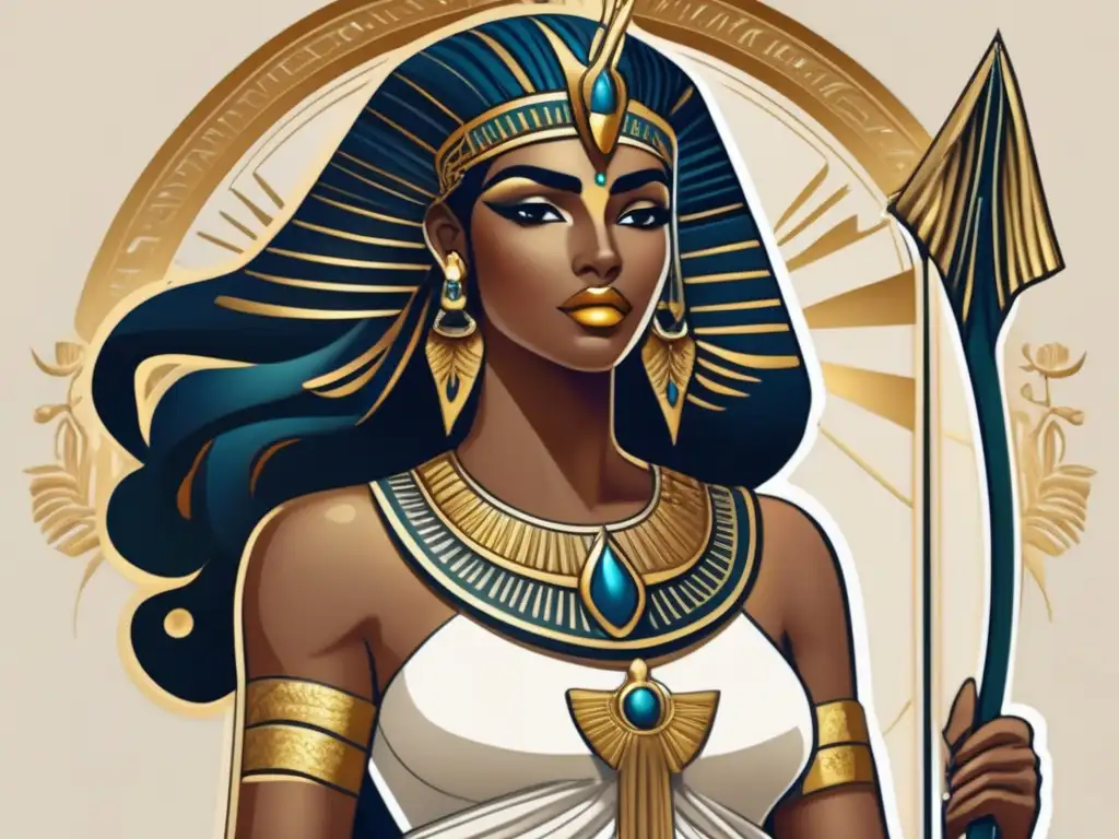 Neith, diosa creadora guerrera, se alza majestuosa en una imagen ultradetallada de 8k