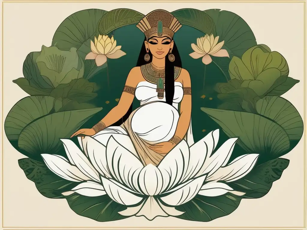 Heqet, la diosa egipcia de la fertilidad, rodeada de vegetación exuberante y flores de loto en esta ilustración vintage