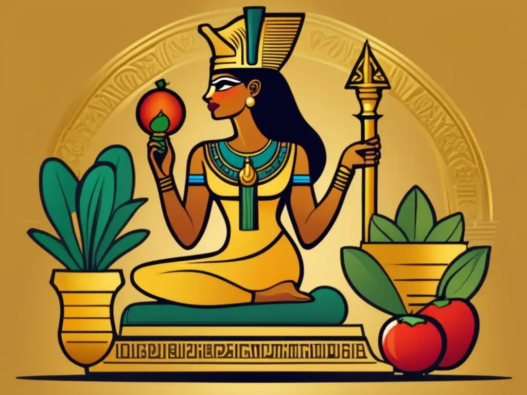 La diosa egipcia Renenutet, misterio serpiente, en un trono dorado con hieroglíficos, rodeada de abundantes frutas y verduras