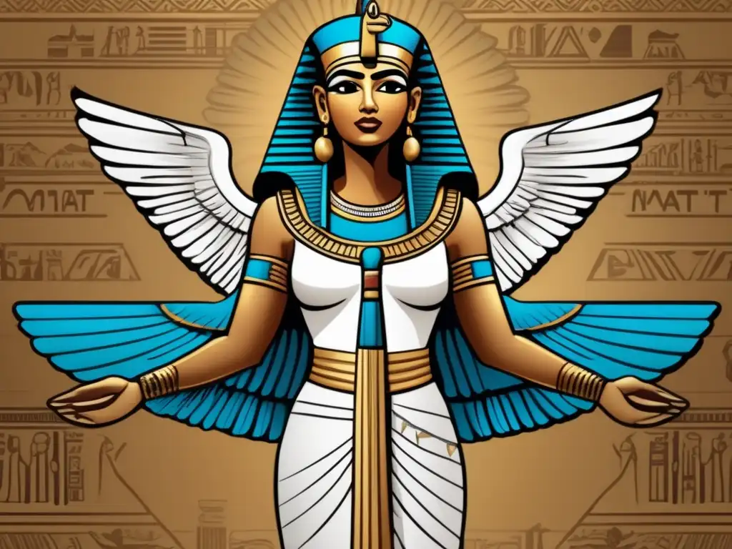 La diosa egipcia Maat, símbolo de la verdad y la justicia, se representa en una imagen detallada de estilo vintage