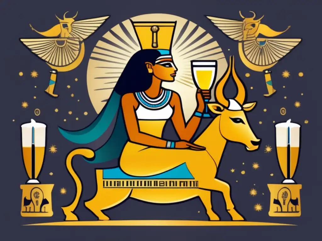 La diosa Hathor en Egipto, rodeada de luz divina, sostiene la cerveza sagrada en un trono de símbolos y jeroglíficos