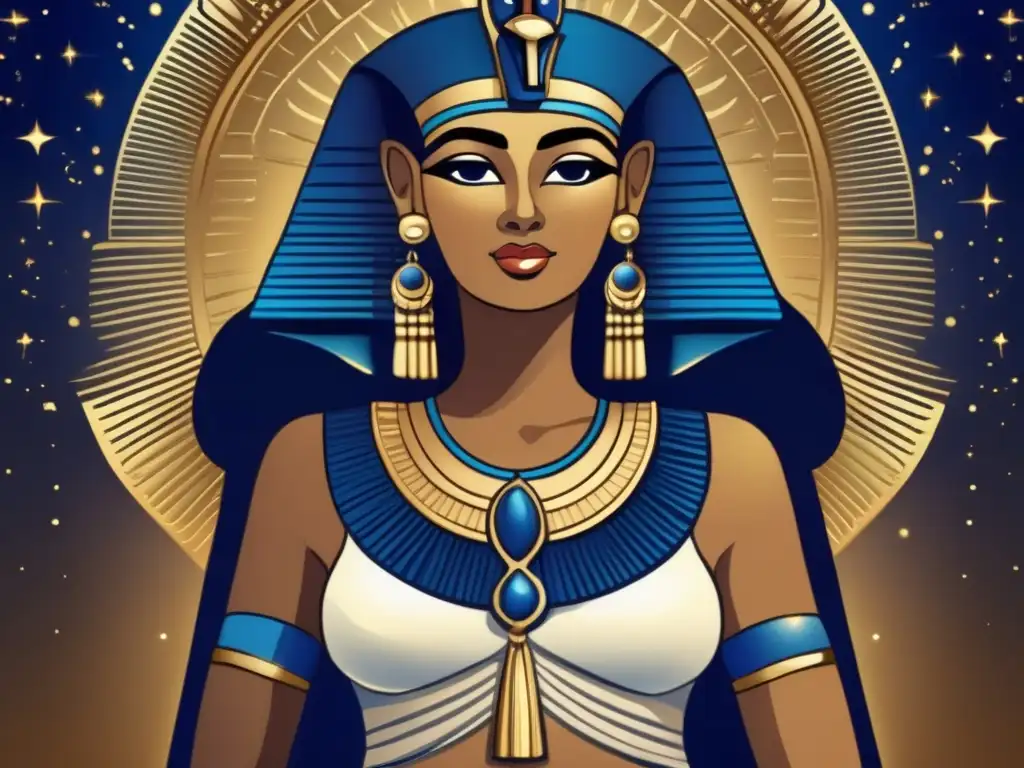 La majestuosidad de la diosa egipcia Nut en una imagen vintage Diosa Nut de la mitología egipcia, majestuosa y poderosa, abrazando el cosmos en un cielo estrellado azul profundo