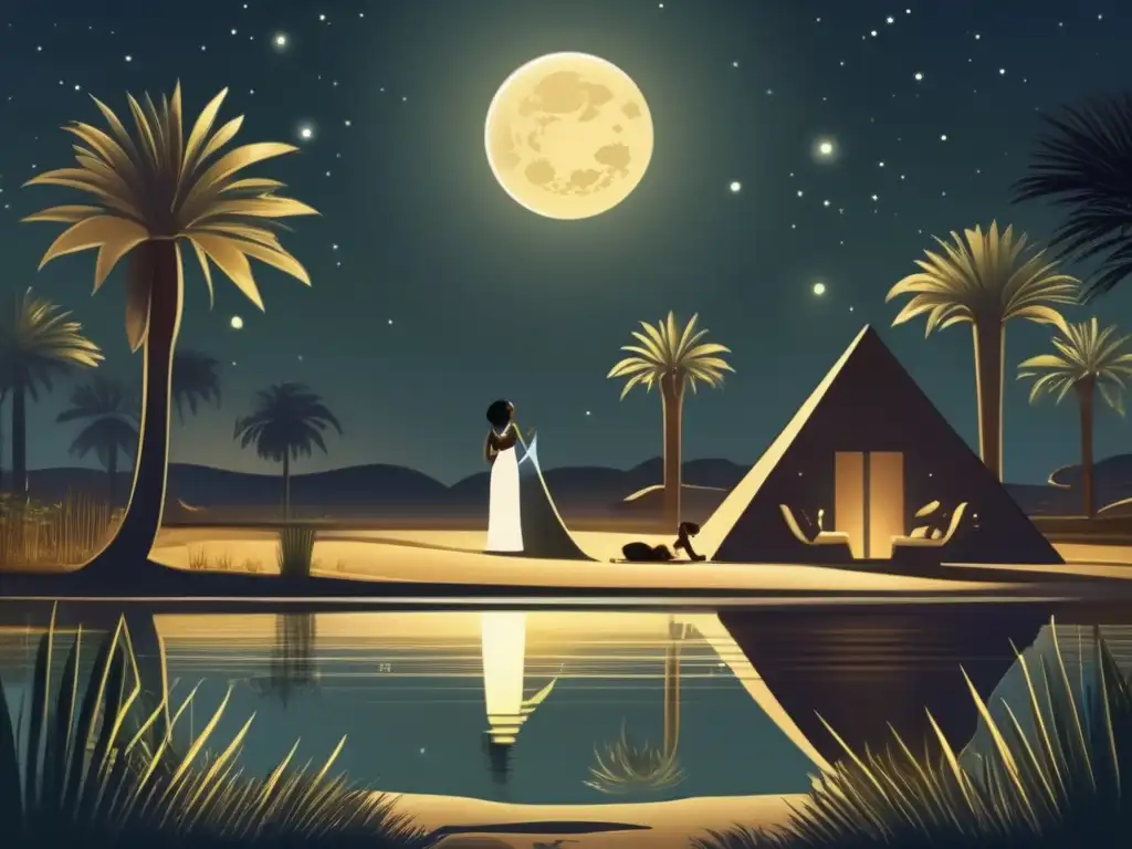 Heqet, la diosa rana, en un mágico paisaje nocturno de Egipto antiguo