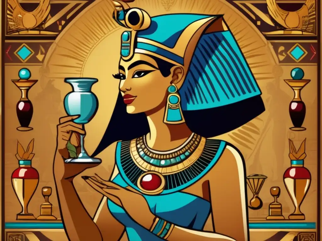 Diosa Serqet del Antiguo Egipto: una imagen vintage que muestra a una hermosa mujer con cabeza de escorpión, poderosa y protectora, rodeada de símbolos egipcios en tonos cálidos