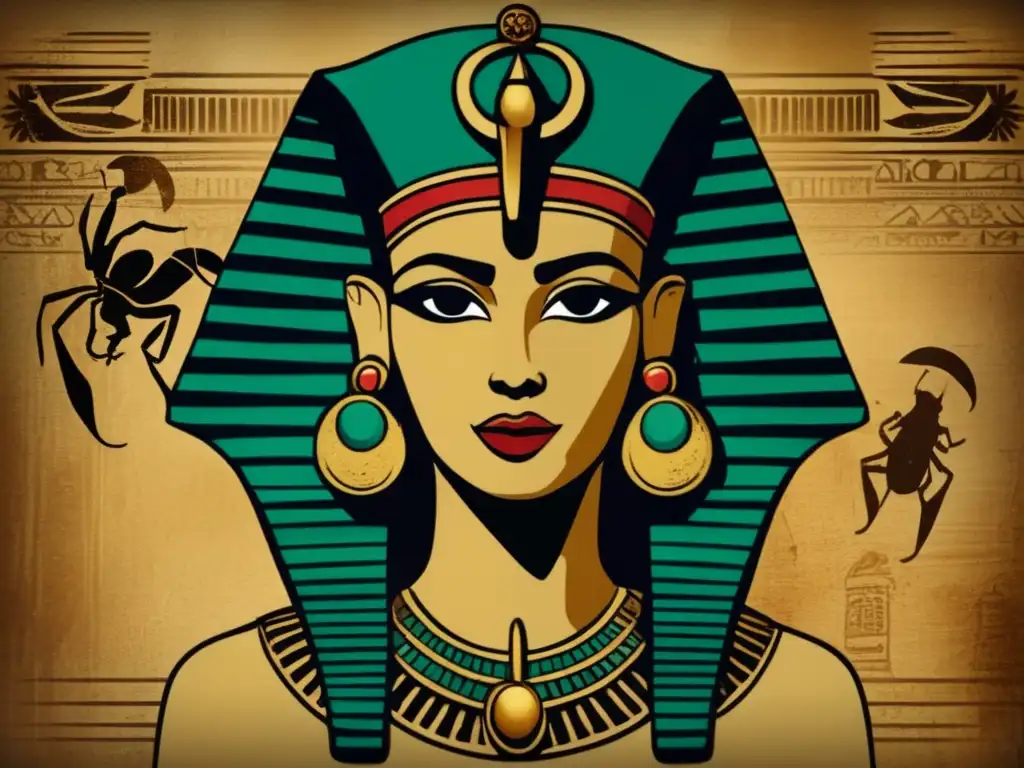 Diosa Serqet del Antiguo Egipto, poder y misterio en una imagen vintage de curación y veneno, rodeada de hierbas y flores vibrantes