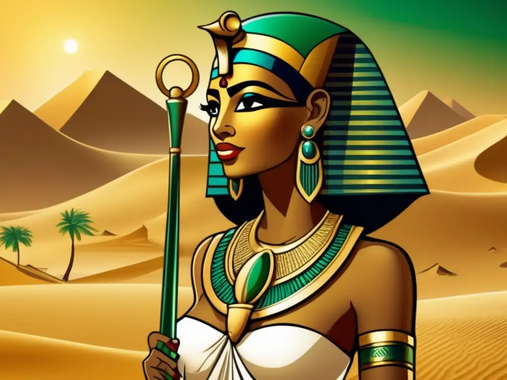 Diosa Serqet del Antiguo Egipto, de pie en majestuosos médanos de arena, sosteniendo un bastón dorado con jeroglíficos intrincados
