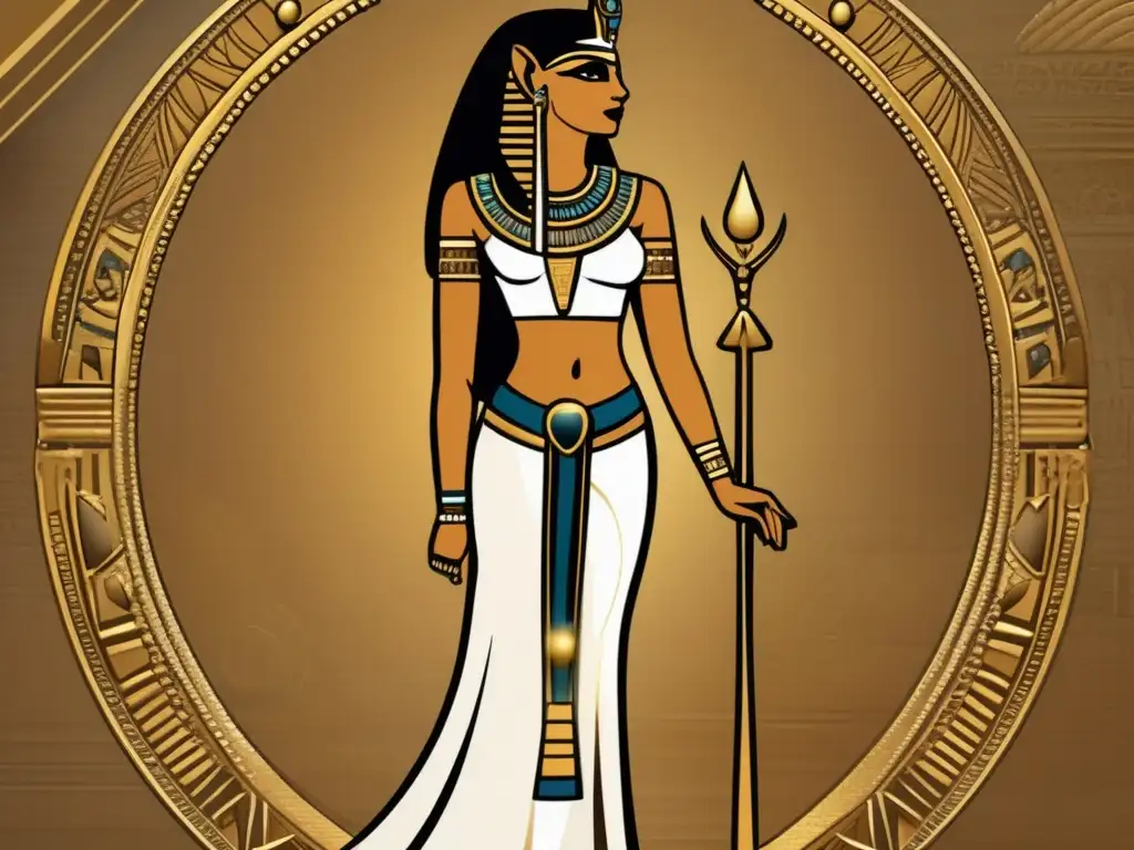 Diosa Serqet del Antiguo Egipto, regia y poderosa, con vestido ornado de jeroglíficos, piel dorada y escamas brillantes