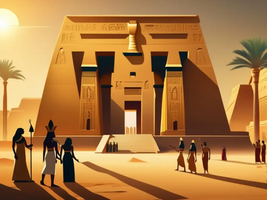 Diosa Serqet del Antiguo Egipto: Templo impresionante, adorado por fieles en una ceremonia reverente, bajo cálida luz dorada
